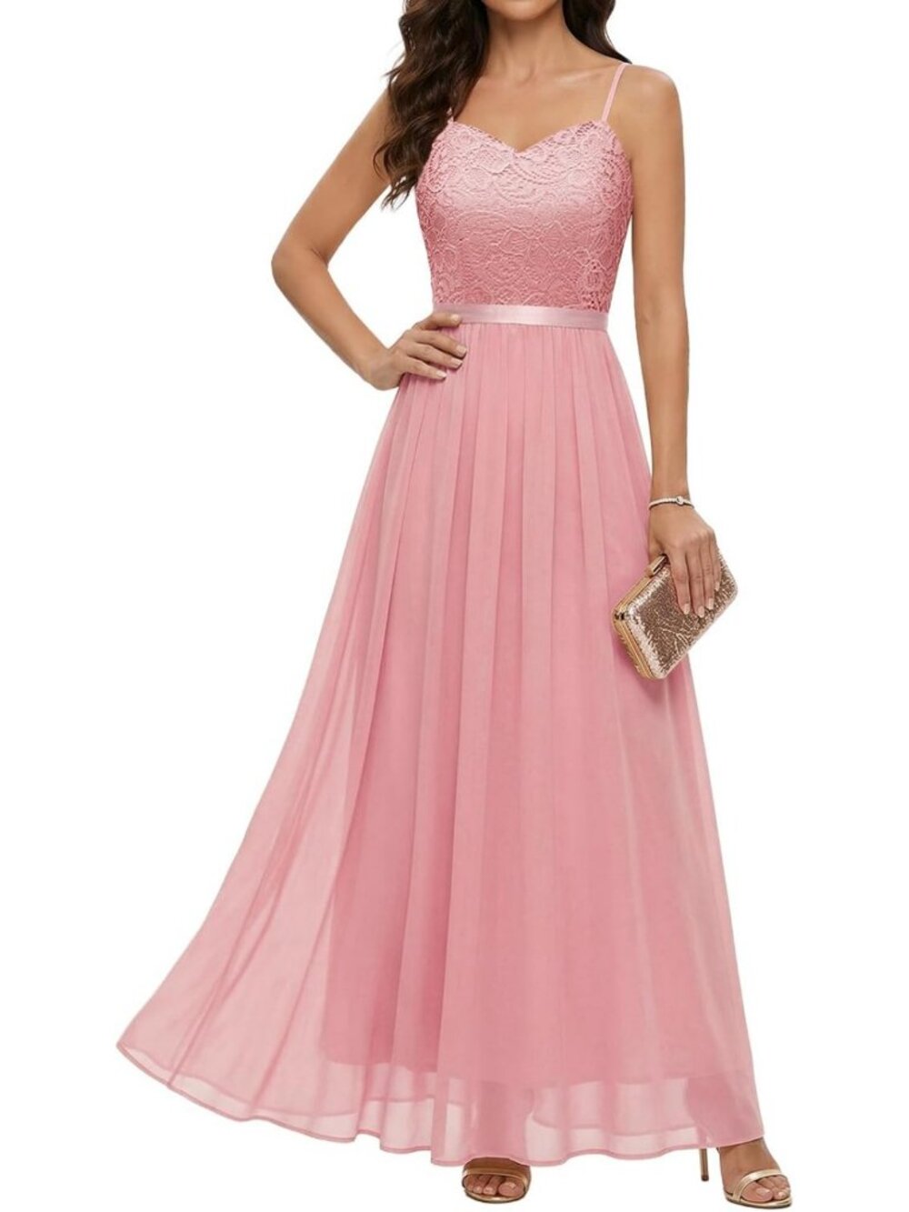 Elegant Lace Chiffon Maxi Dress for Women | Formal Wedding Guest Attire